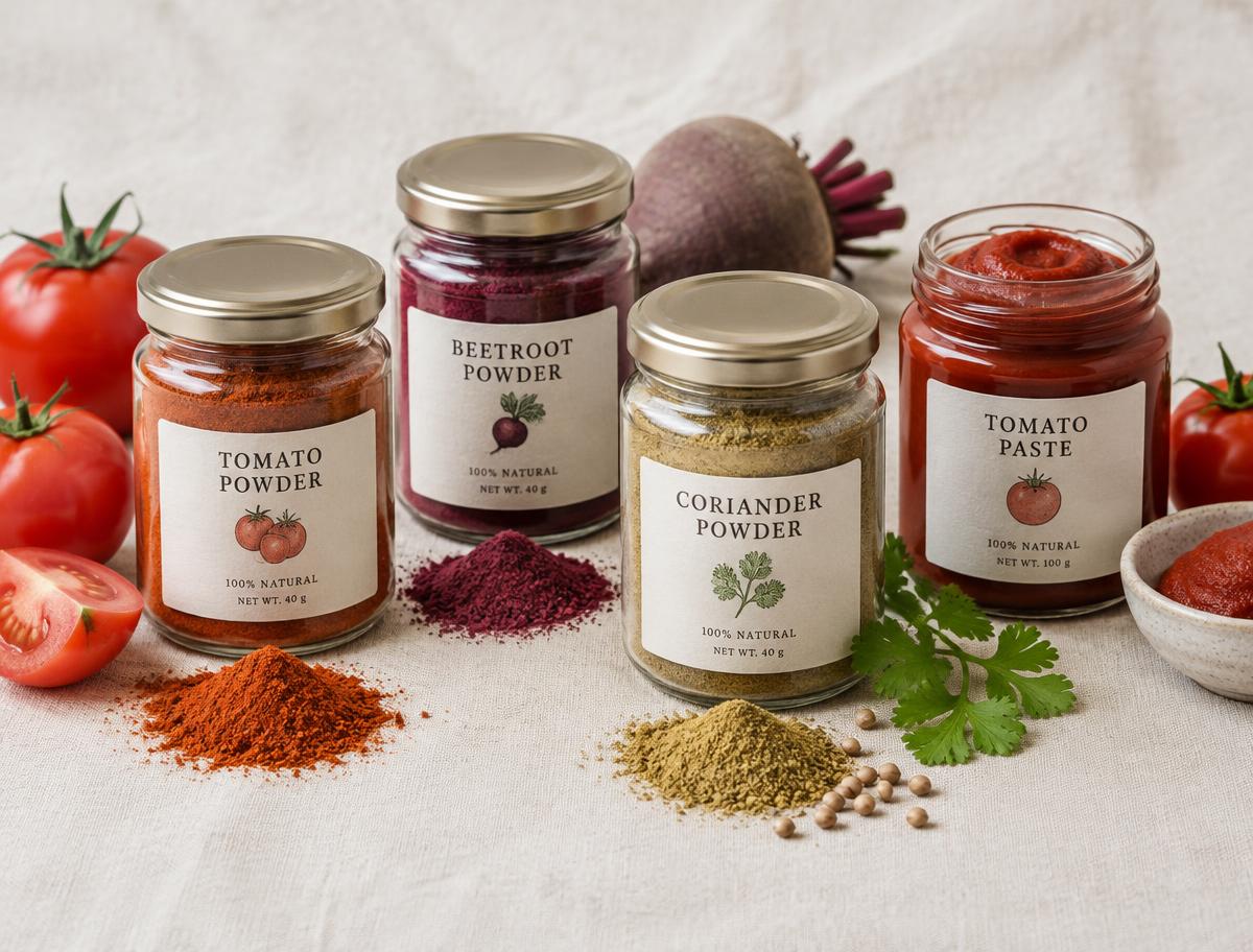 Tomato, beetroot and coriander powders and tomato paste